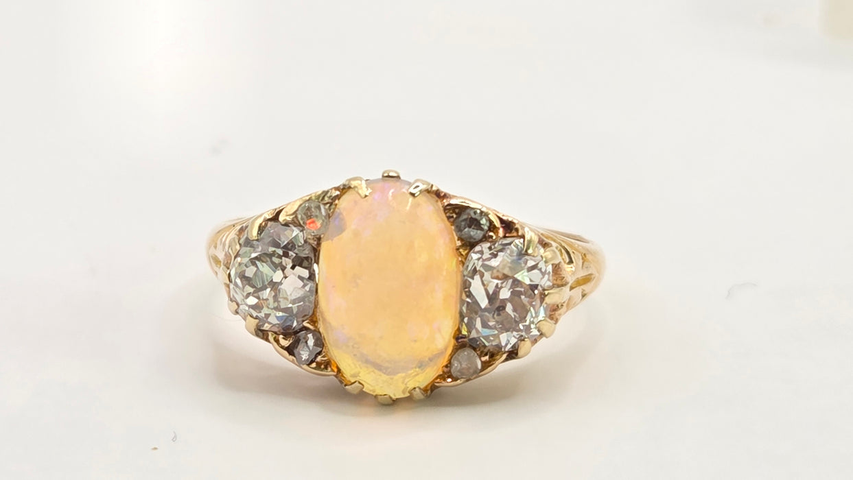 Victorian: 18ct Yellow Gold Opal & Diamond Boat-Head Ring — 1.22ct & 1.36ct