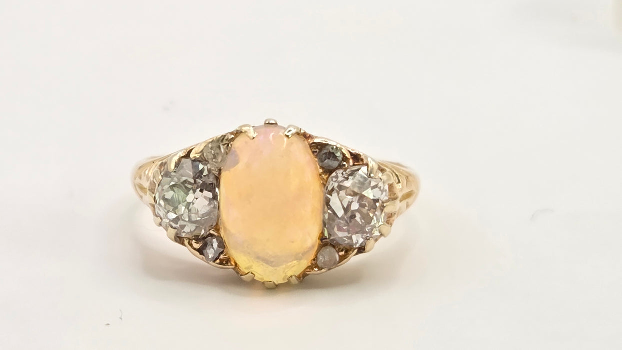 Victorian: 18ct Yellow Gold Opal & Diamond Boat-Head Ring — 1.22ct & 1.36ct
