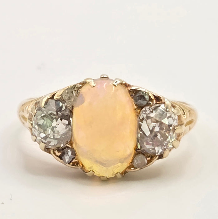 Victorian: 18ct Yellow Gold Opal & Diamond Boat-Head Ring — 1.22ct & 1.36ct