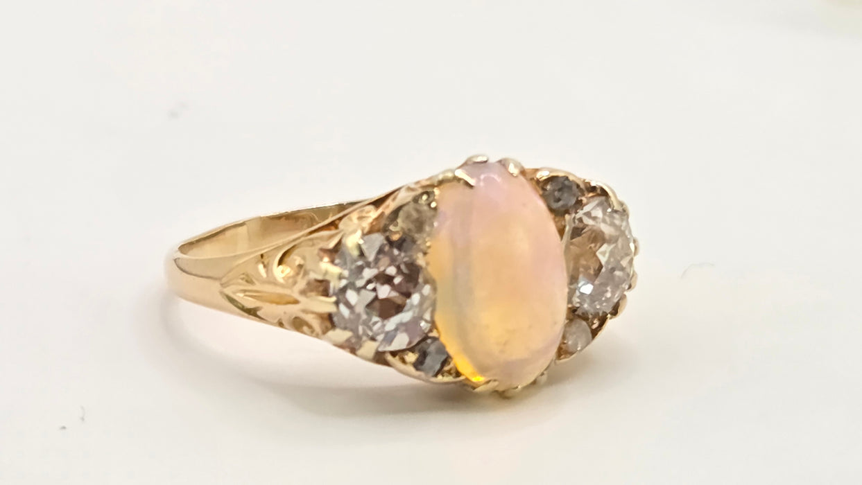 Victorian: 18ct Yellow Gold Opal & Diamond Boat-Head Ring — 1.22ct & 1.36ct