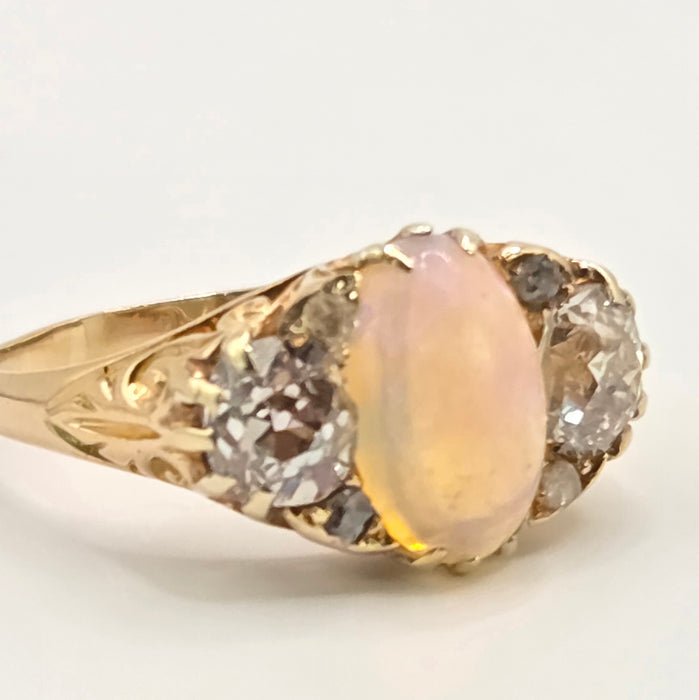 Victorian: 18ct Yellow Gold Opal & Diamond Boat-Head Ring — 1.22ct & 1.36ct