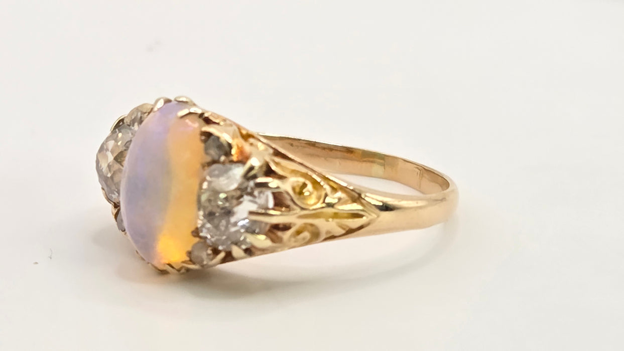 Victorian: 18ct Yellow Gold Opal & Diamond Boat-Head Ring — 1.22ct & 1.36ct