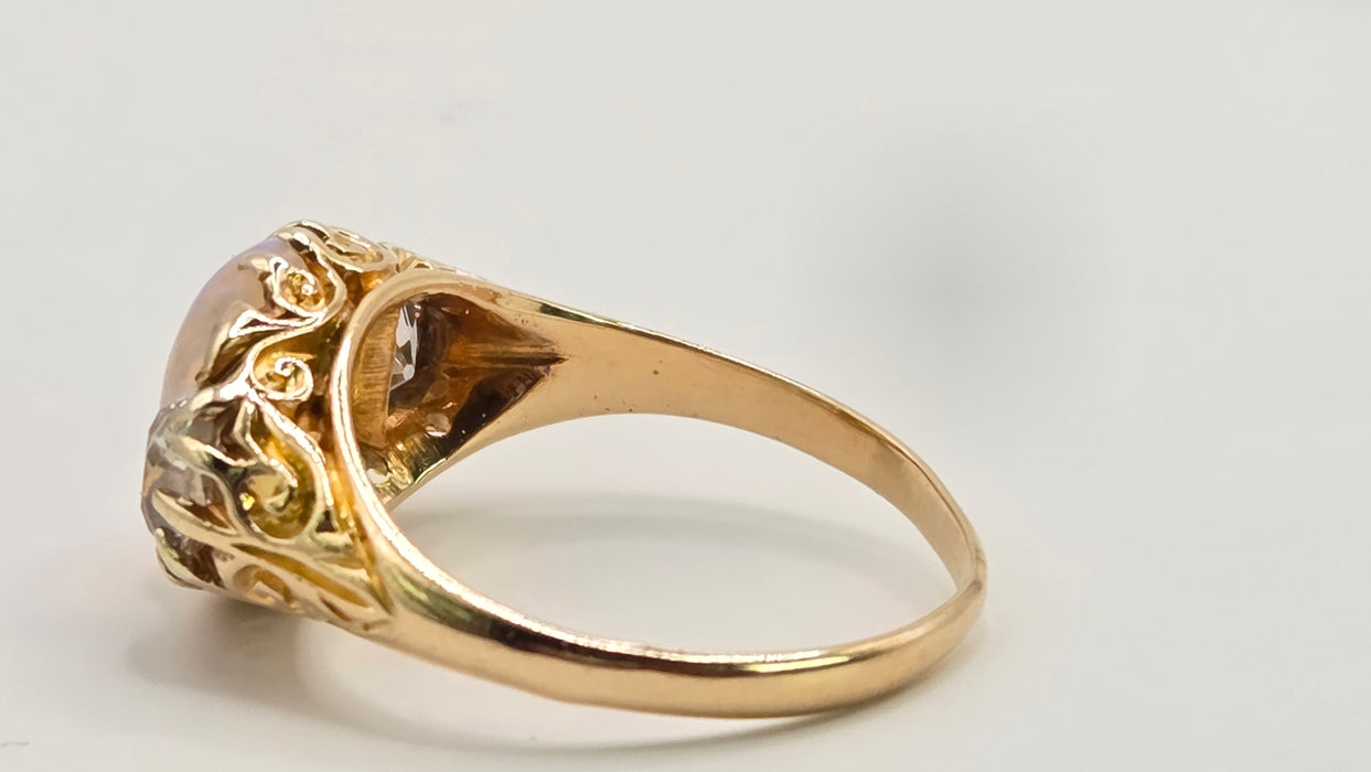 Victorian: 18ct Yellow Gold Opal & Diamond Boat-Head Ring — 1.22ct & 1.36ct