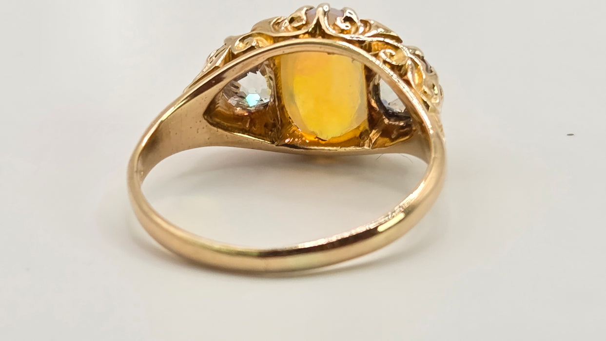 Victorian: 18ct Yellow Gold Opal & Diamond Boat-Head Ring — 1.22ct & 1.36ct
