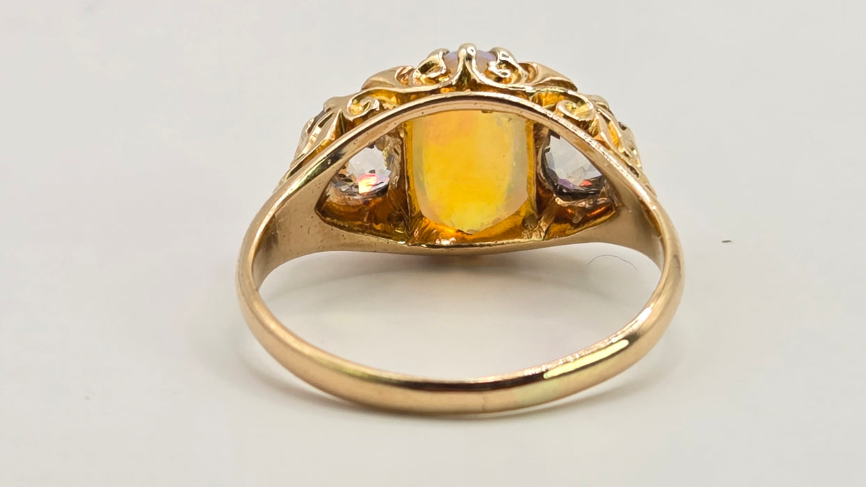 Victorian: 18ct Yellow Gold Opal & Diamond Boat-Head Ring — 1.22ct & 1.36ct