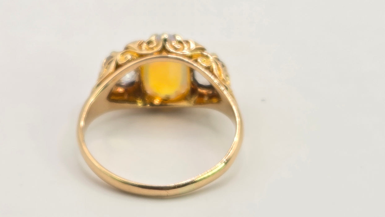 Victorian: 18ct Yellow Gold Opal & Diamond Boat-Head Ring — 1.22ct & 1.36ct