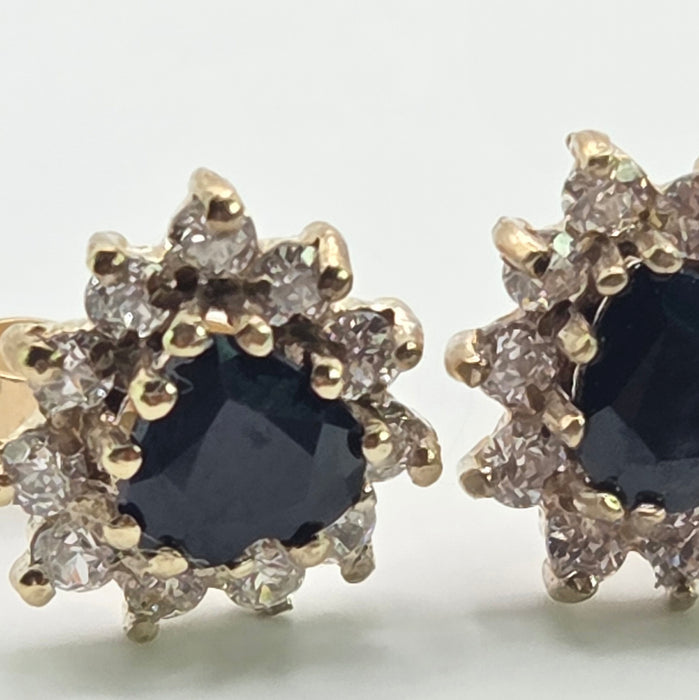 Vintage: 9ct Yellow Gold Sapphire & Goshenite Cluster Stud Earrings