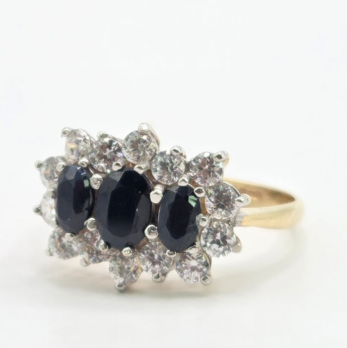 Vintage: 9ct Yellow Gold Sapphire & Simulated Diamond Cluster Ring