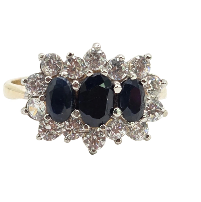 Vintage: 9ct Yellow Gold Sapphire & Simulated Diamond Cluster Ring