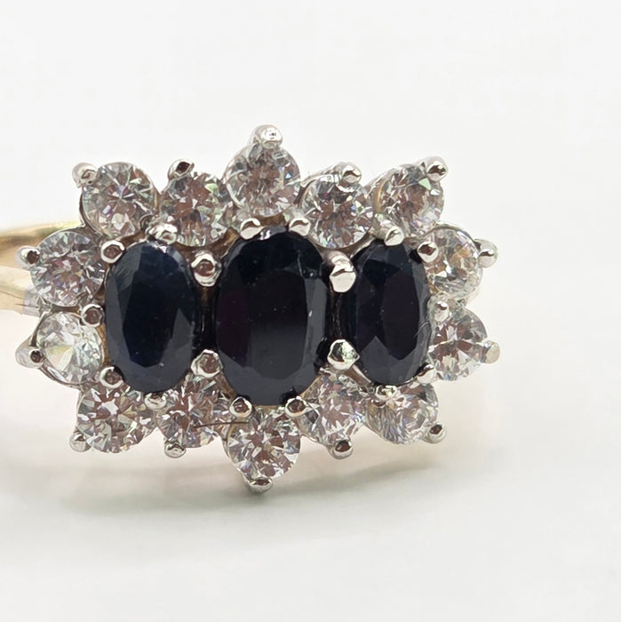 Vintage: 9ct Yellow Gold Sapphire & Simulated Diamond Cluster Ring
