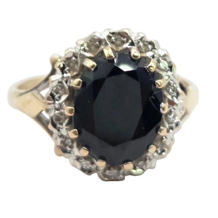 Vintage: 9ct Yellow Gold Sapphire & Diamond Oval Cluster Ring