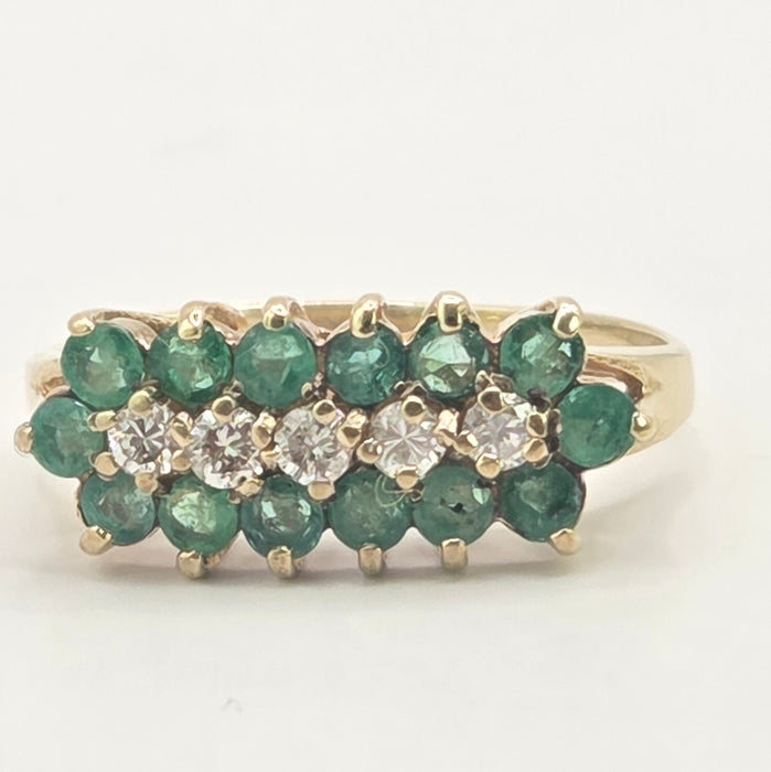 Vintage: 9ct Yellow Gold Emerald & Diamond Triple Row Ring — From 1989
