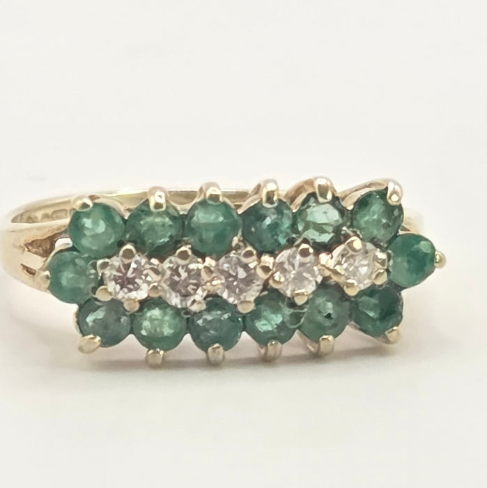 Vintage: 9ct Yellow Gold Emerald & Diamond Triple Row Ring — From 1989