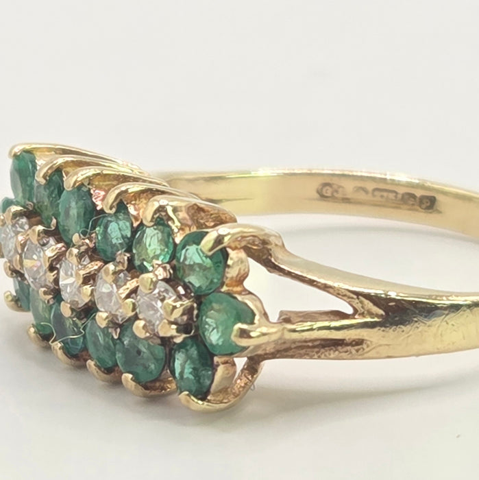 Vintage: 9ct Yellow Gold Emerald & Diamond Triple Row Ring — From 1989
