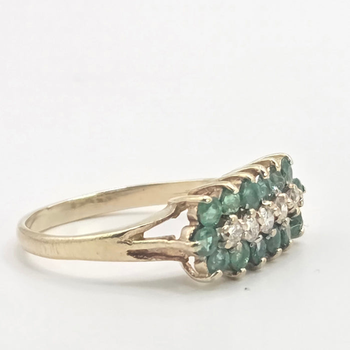 Vintage: 9ct Yellow Gold Emerald & Diamond Triple Row Ring — From 1989