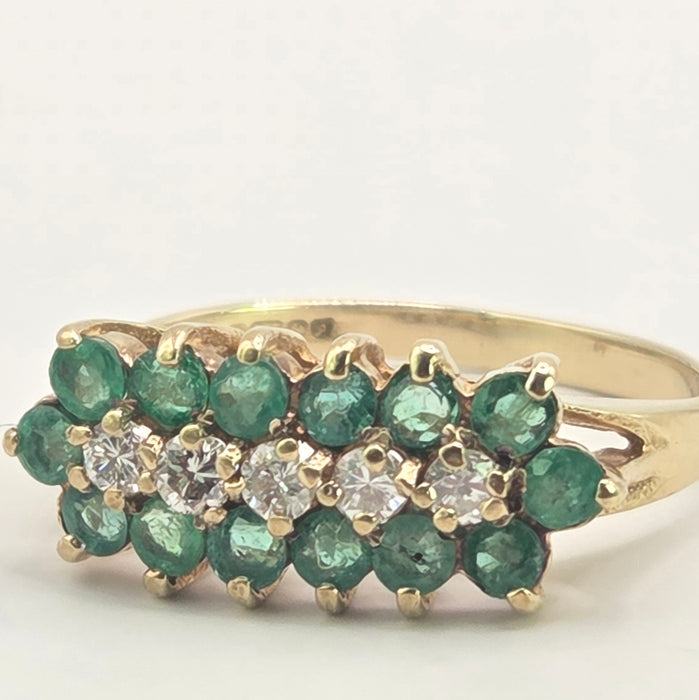 Vintage: 9ct Yellow Gold Emerald & Diamond Triple Row Ring — From 1989
