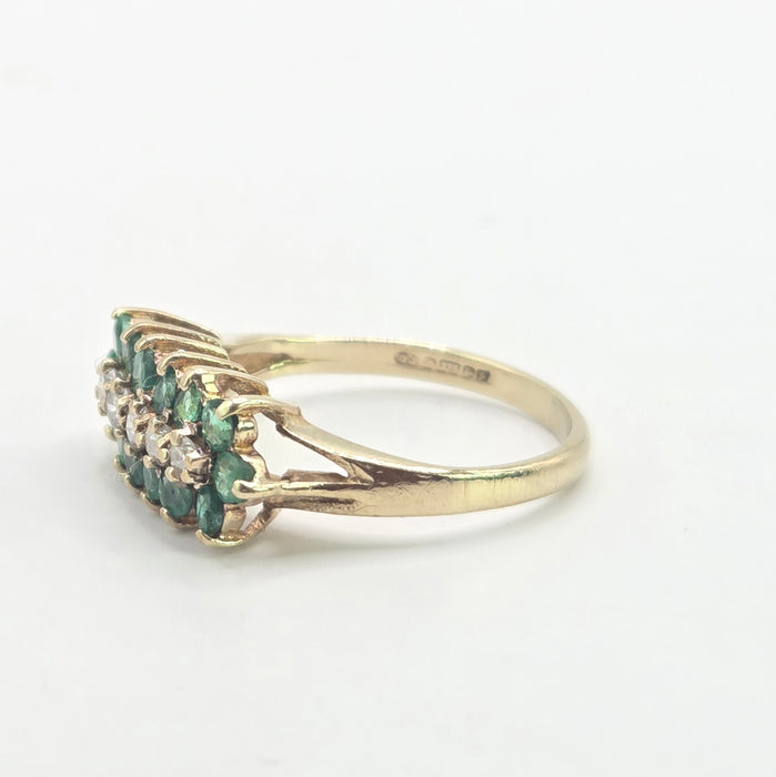 Vintage: 9ct Yellow Gold Emerald & Diamond Triple Row Ring — From 1989
