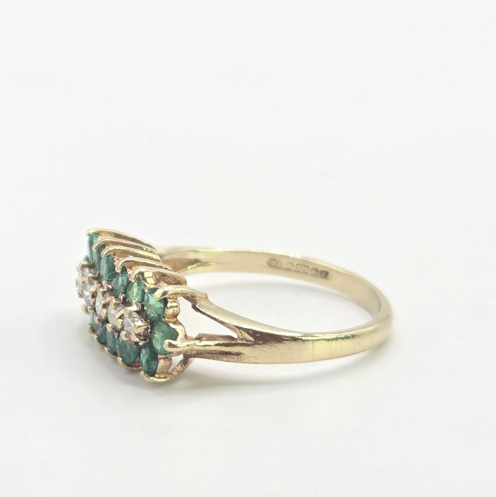 Vintage: 9ct Yellow Gold Emerald & Diamond Triple Row Ring — From 1989