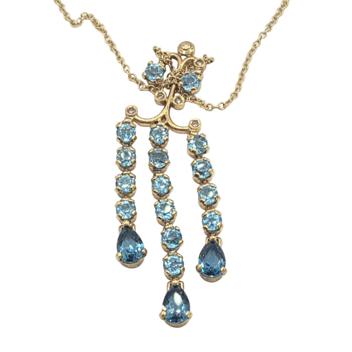 Vintage: 9ct Yellow Gold Blue Topaz & Diamond Triple Strand Chandelier Pendant Necklace