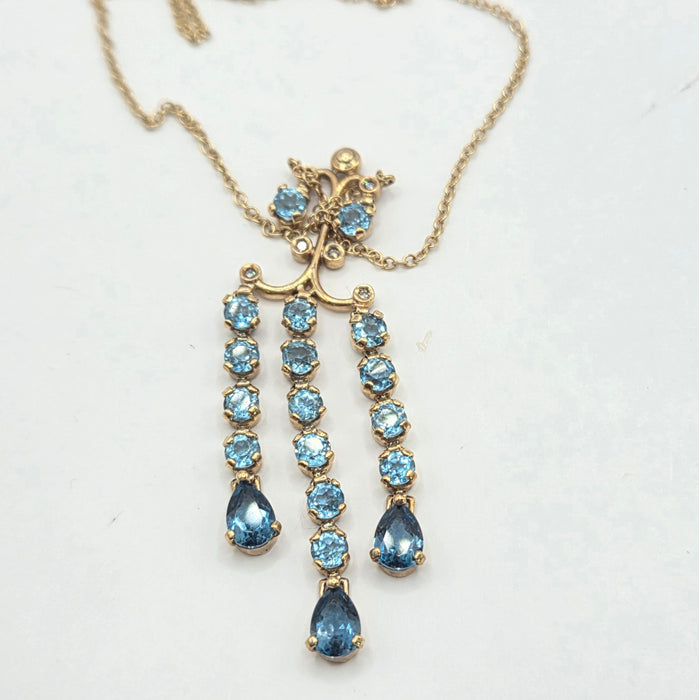 Vintage: 9ct Yellow Gold Blue Topaz & Diamond Triple Strand Chandelier Pendant Necklace
