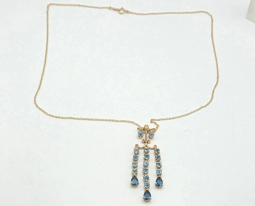 Vintage: 9ct Yellow Gold Blue Topaz & Diamond Triple Strand Chandelier Pendant Necklace
