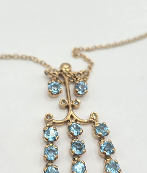Vintage: 9ct Yellow Gold Blue Topaz & Diamond Triple Strand Chandelier Pendant Necklace