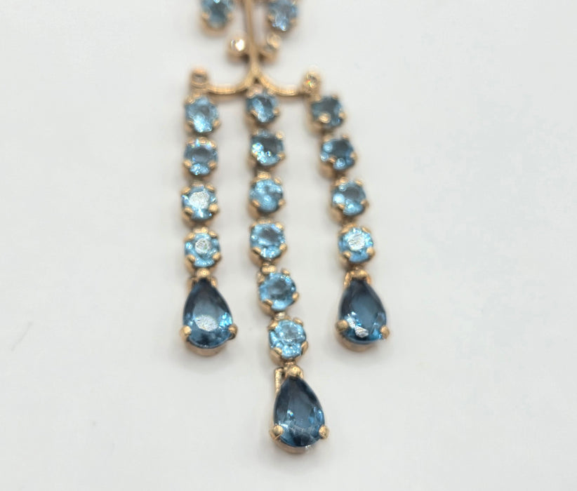Vintage: 9ct Yellow Gold Blue Topaz & Diamond Triple Strand Chandelier Pendant Necklace