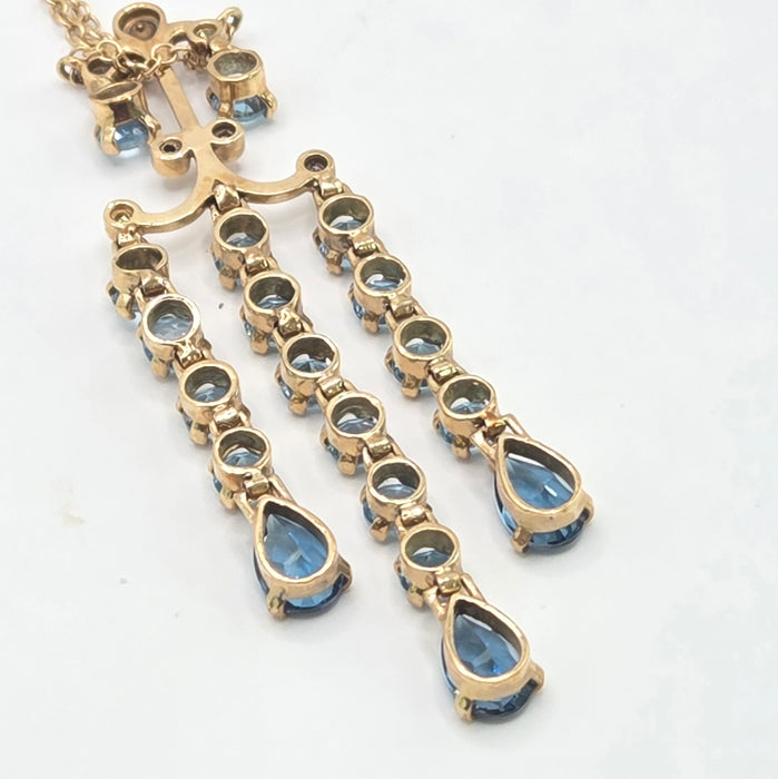 Vintage: 9ct Yellow Gold Blue Topaz & Diamond Triple Strand Chandelier Pendant Necklace