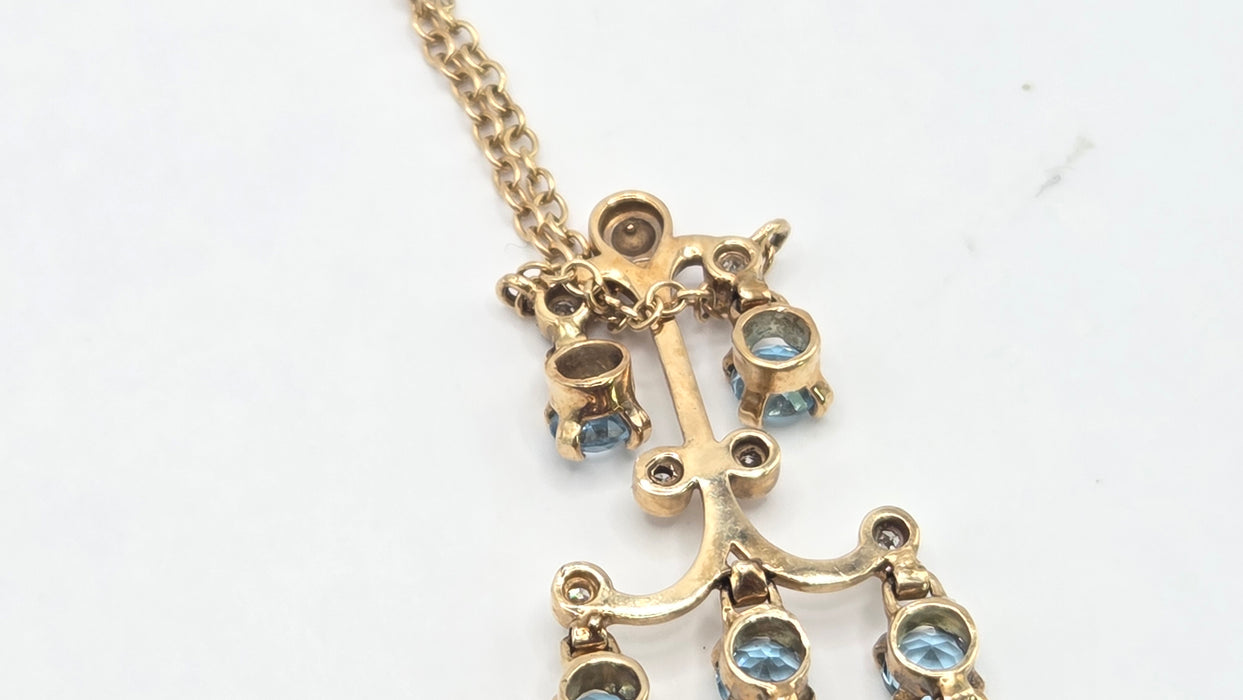 Vintage: 9ct Yellow Gold Blue Topaz & Diamond Triple Strand Chandelier Pendant Necklace