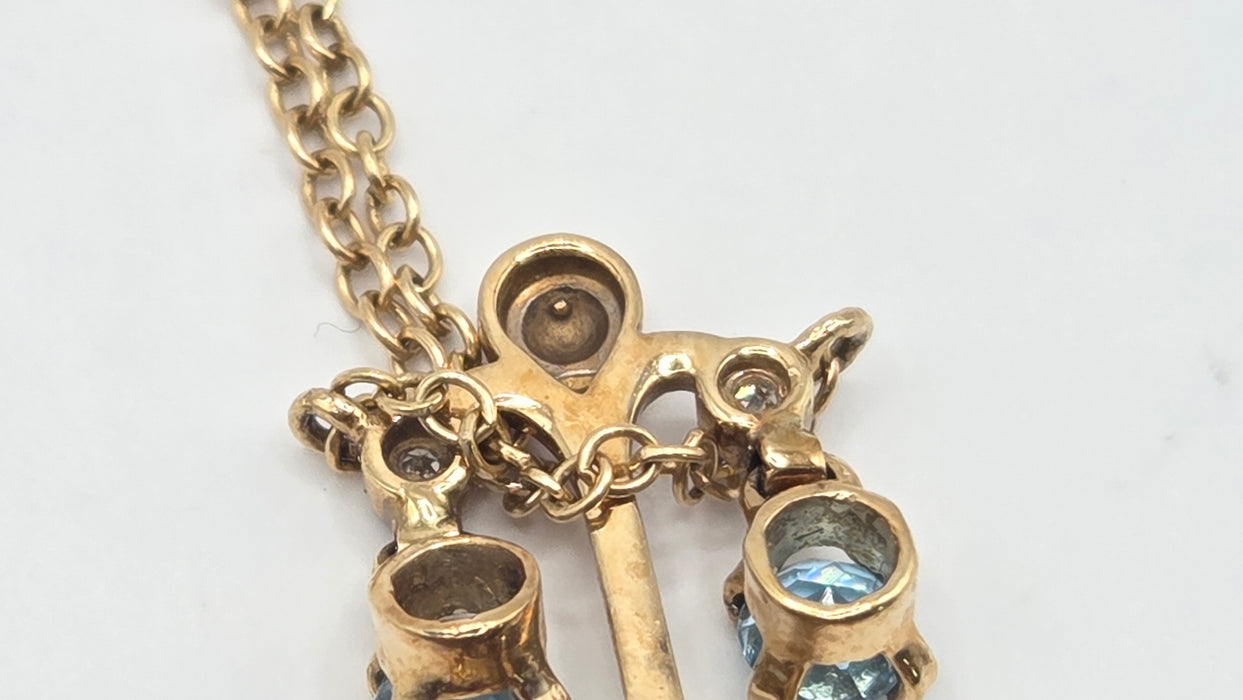 Vintage: 9ct Yellow Gold Blue Topaz & Diamond Triple Strand Chandelier Pendant Necklace