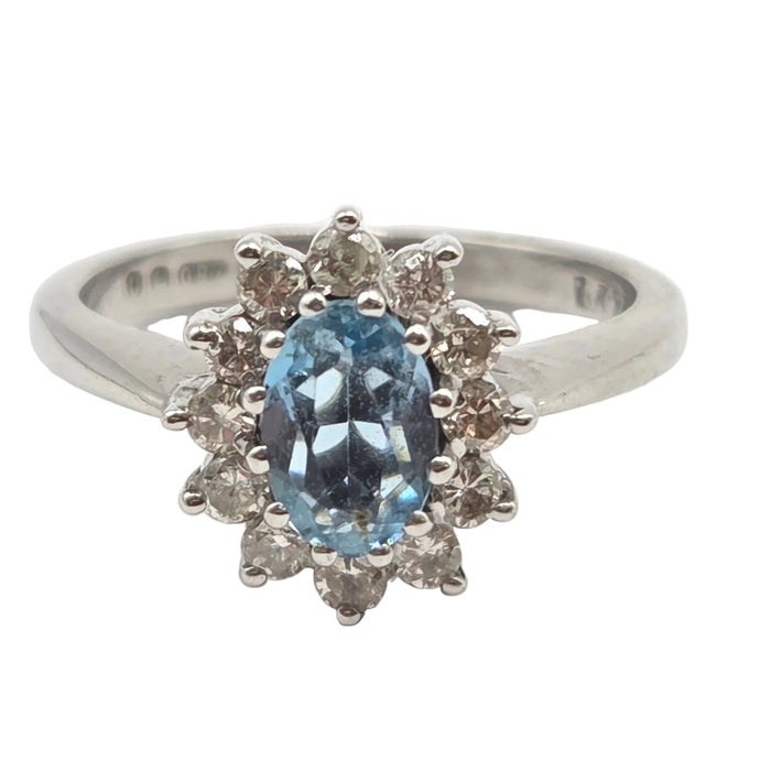 Vintage: 18ct White Gold Aquamarine & Diamond Oval Cluster Ring — From 1977