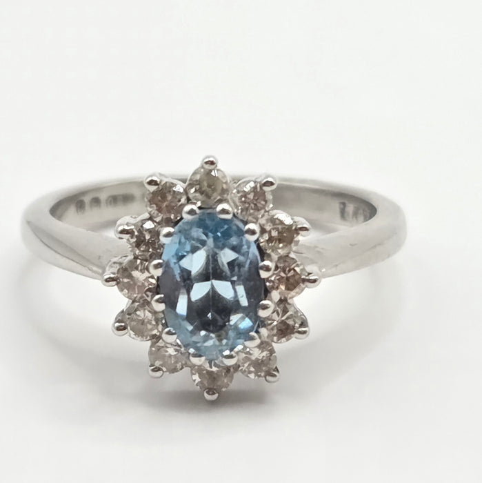 Vintage: 18ct White Gold Aquamarine & Diamond Oval Cluster Ring — From 1977