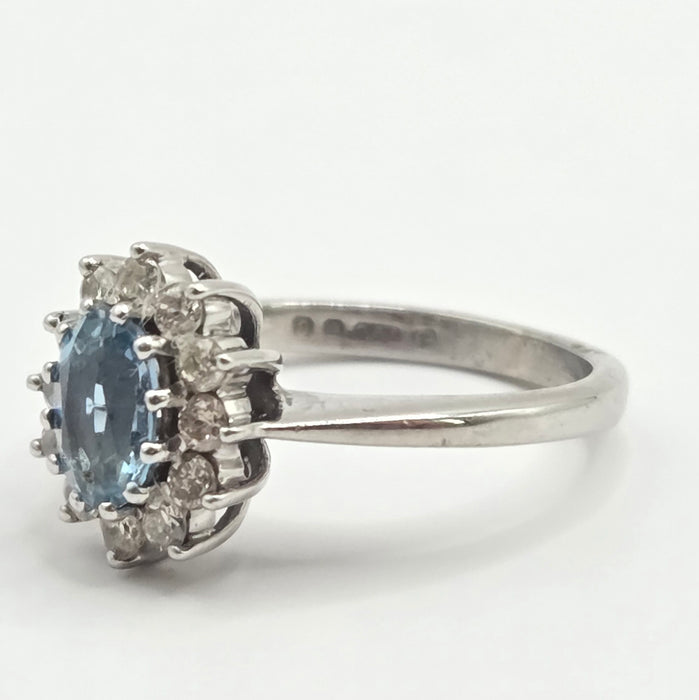 Vintage: 18ct White Gold Aquamarine & Diamond Oval Cluster Ring — From 1977