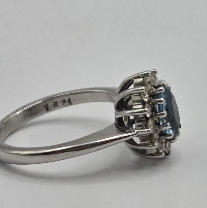 Vintage: 18ct White Gold Aquamarine & Diamond Oval Cluster Ring — From 1977
