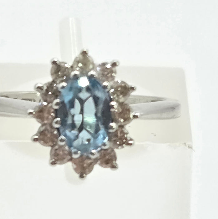 Vintage: 18ct White Gold Aquamarine & Diamond Oval Cluster Ring — From 1977