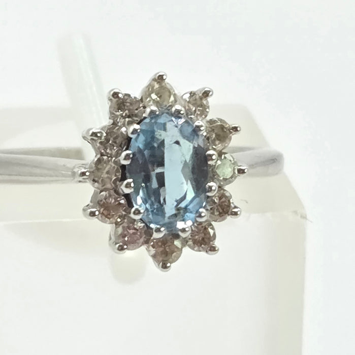Vintage: 18ct White Gold Aquamarine & Diamond Oval Cluster Ring — From 1977