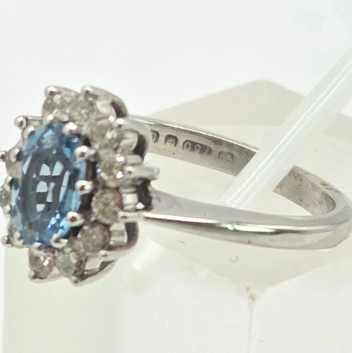 Vintage: 18ct White Gold Aquamarine & Diamond Oval Cluster Ring — From 1977