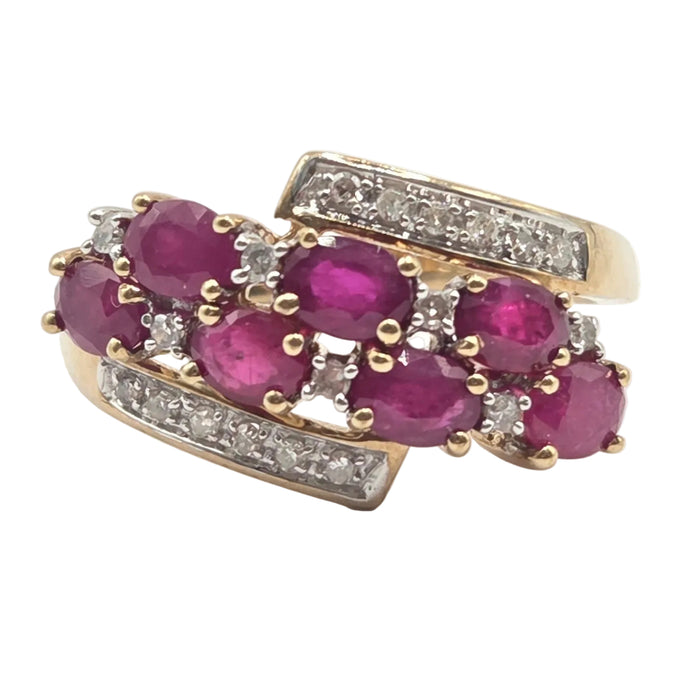 Vintage: 9ct Yellow Gold Ruby & Diamond Crossover Ring