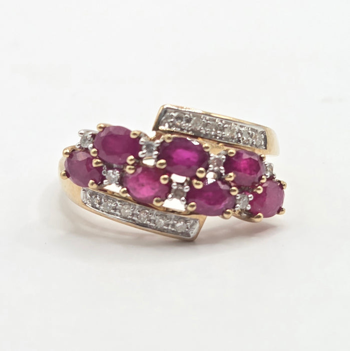 Vintage: 9ct Yellow Gold Ruby & Diamond Crossover Ring