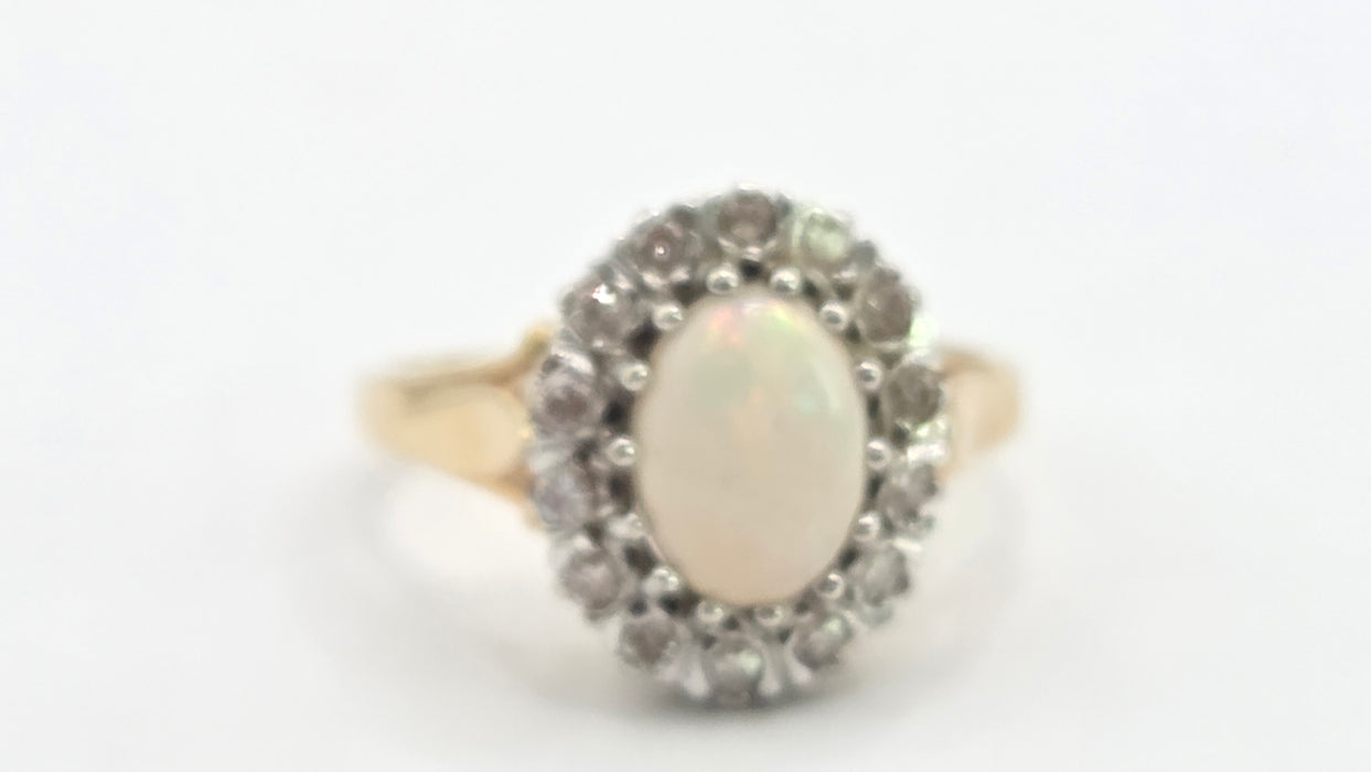 Vintage: 9ct Yellow Gold Opal & Diamond Oval Cluster Ring — From 1986