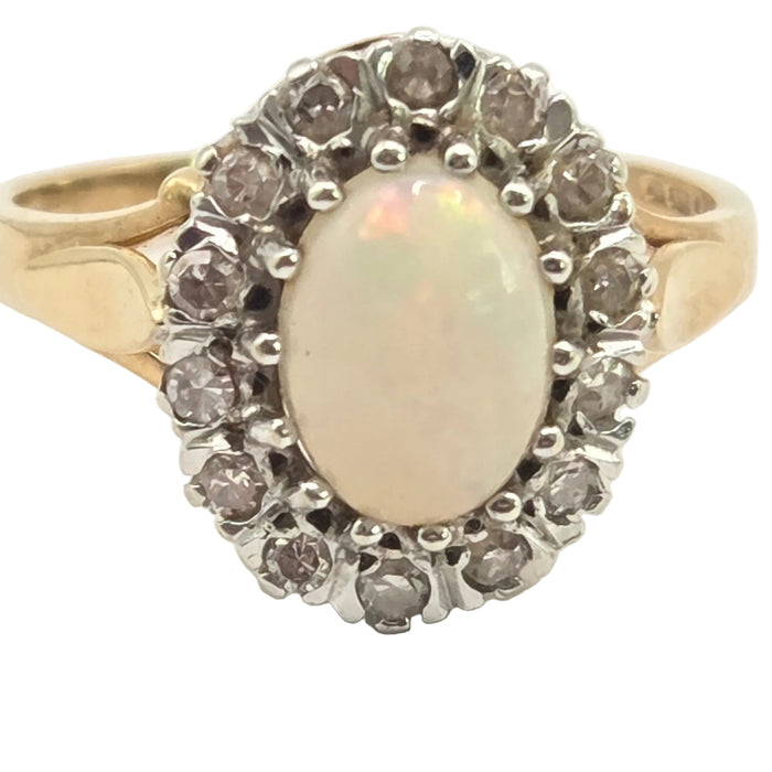 Vintage: 9ct Yellow Gold Opal & Diamond Oval Cluster Ring — From 1986
