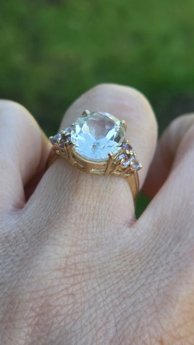 Vintage: 9ct Yellow Gold Pale Blue Topaz & Amethyst Cluster Ring
