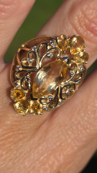 Vintage: Statement 9ct Gold Marquise Cut Yellow Citrine 14 Diamonds Openwork Ring — a fabulous, substantial and pretty piece