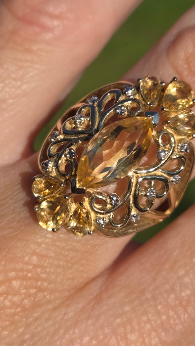 Vintage: Statement 9ct Gold Marquise Cut Yellow Citrine 14 Diamonds Openwork Ring — a fabulous, substantial and pretty piece