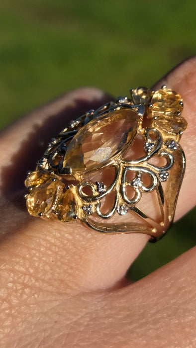 Vintage: Statement 9ct Gold Marquise Cut Yellow Citrine 14 Diamonds Openwork Ring — a fabulous, substantial and pretty piece