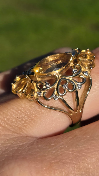 Vintage: Statement 9ct Gold Marquise Cut Yellow Citrine 14 Diamonds Openwork Ring — a fabulous, substantial and pretty piece