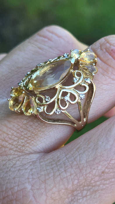 Vintage: Statement 9ct Gold Marquise Cut Yellow Citrine 14 Diamonds Openwork Ring — a fabulous, substantial and pretty piece