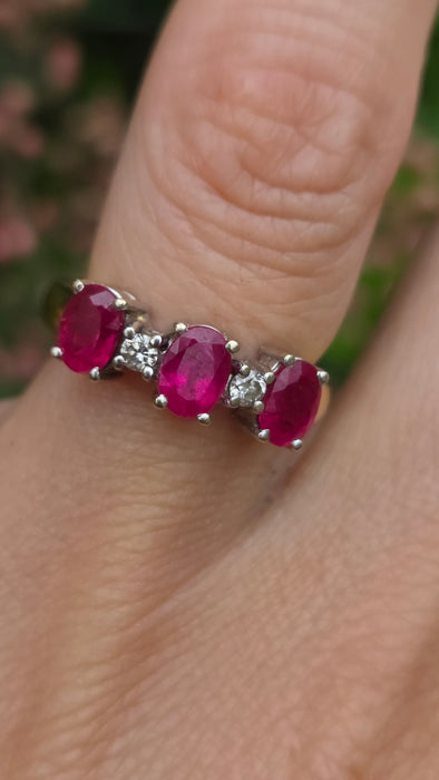 Vintage: 18ct Gold Three Ruby & Diamond Dress Ring