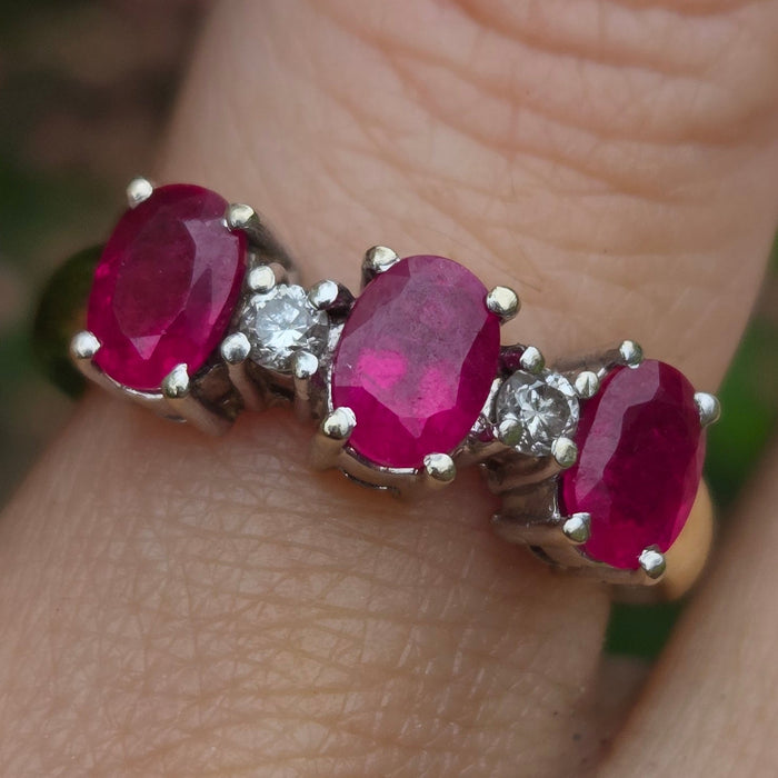 Vintage: 18ct Gold Three Ruby & Diamond Dress Ring