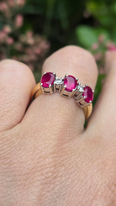 Vintage: 18ct Gold Three Ruby & Diamond Dress Ring